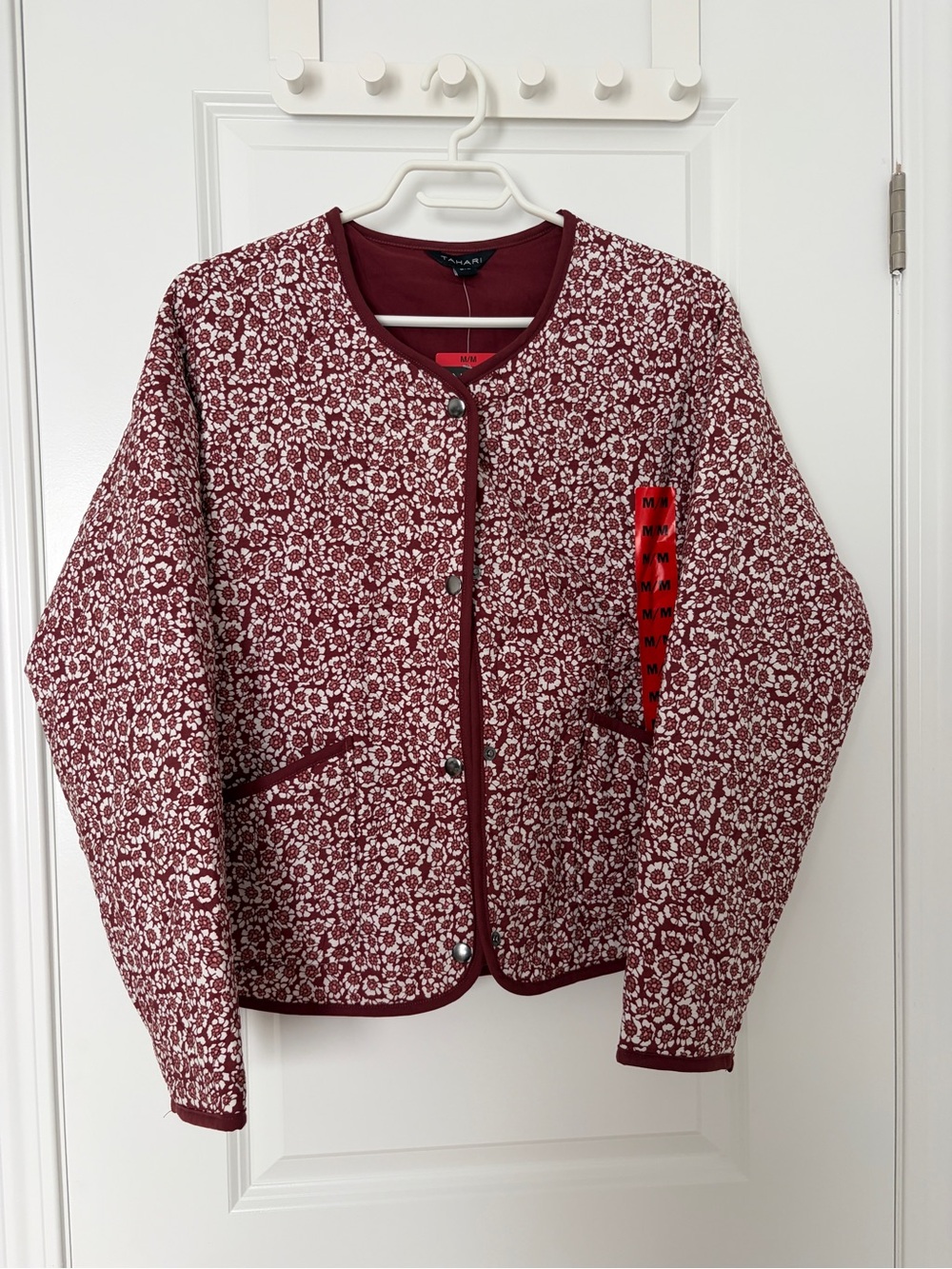 Tahari Maroon and White Floral Quilted Bomber Jacket
